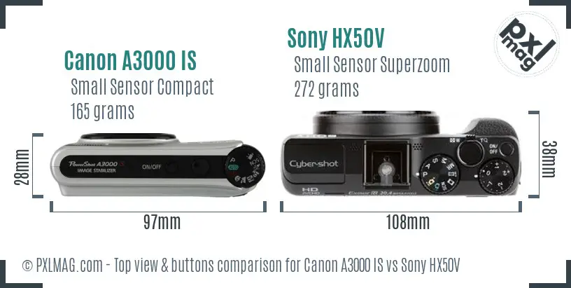 Canon A3000 IS vs Sony HX50V top view buttons comparison