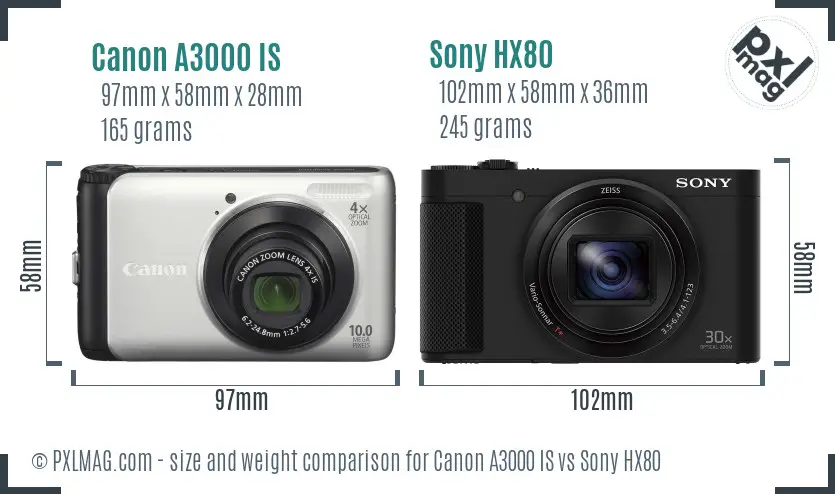 Canon A3000 IS vs Sony HX80 size comparison