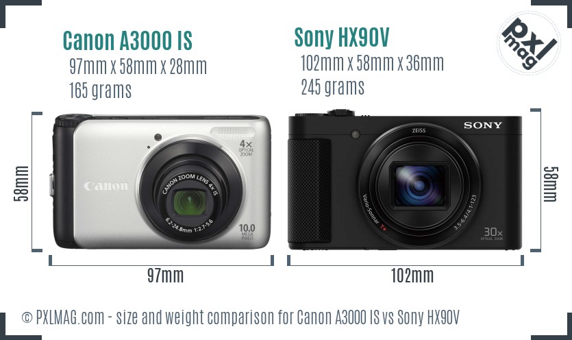 Canon A3000 IS vs Sony HX90V size comparison Canon A3000 IS vs Sony HX90V size comparison
