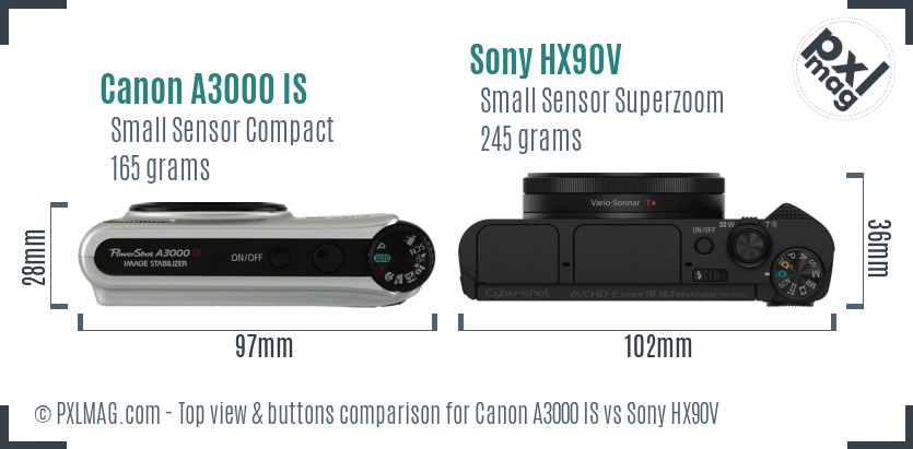 Canon A3000 IS vs Sony HX90V top view buttons comparison