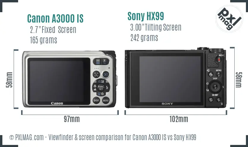 Canon A3000 IS vs Sony HX99 Screen and Viewfinder comparison