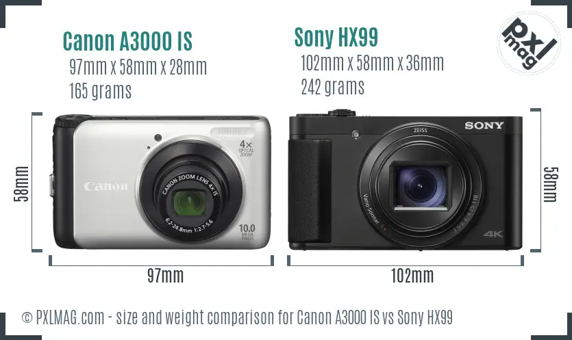 Canon A3000 IS vs Sony HX99 size comparison