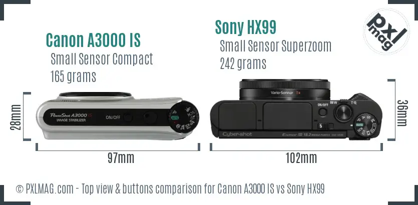 Canon A3000 IS vs Sony HX99 top view buttons comparison