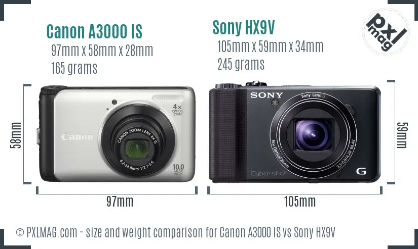 Canon A3000 IS vs Sony HX9V size comparison