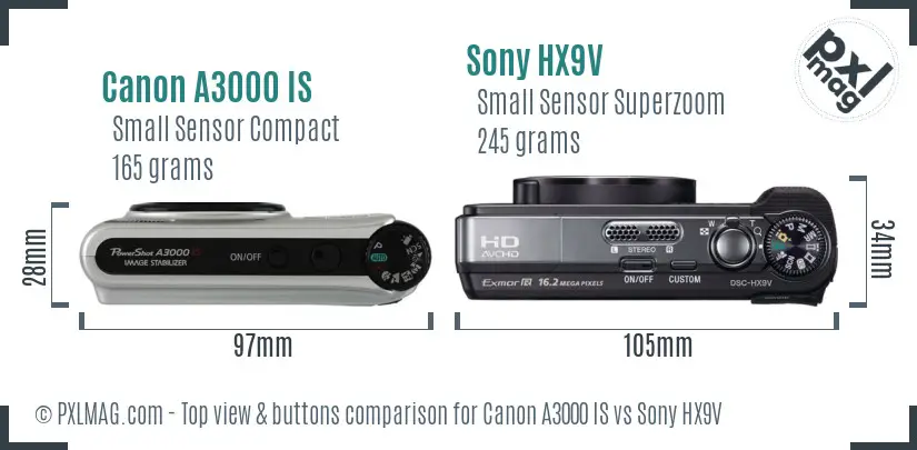 Canon A3000 IS vs Sony HX9V top view buttons comparison