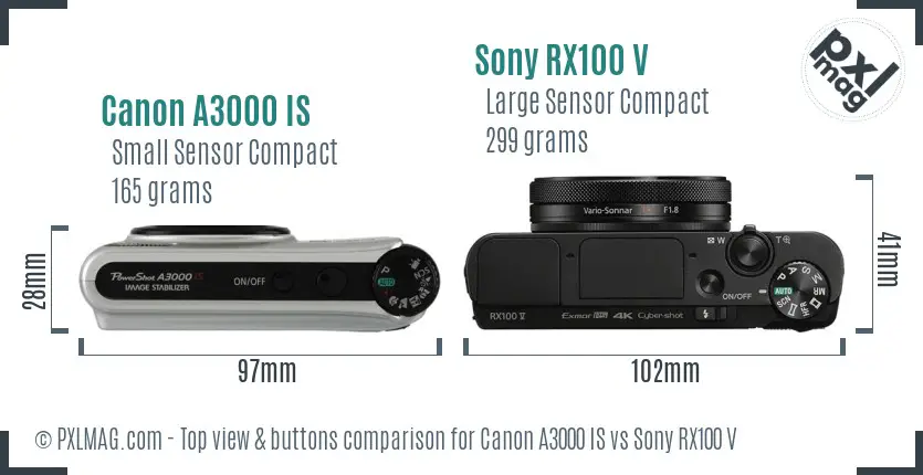 Canon A3000 IS vs Sony RX100 V top view buttons comparison