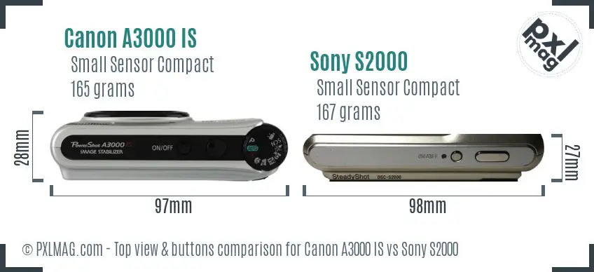 Canon A3000 IS vs Sony S2000 top view buttons comparison