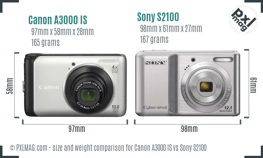 Canon A3000 IS vs Sony S2100 size comparison Canon A3000 IS vs Sony S2100 size comparison