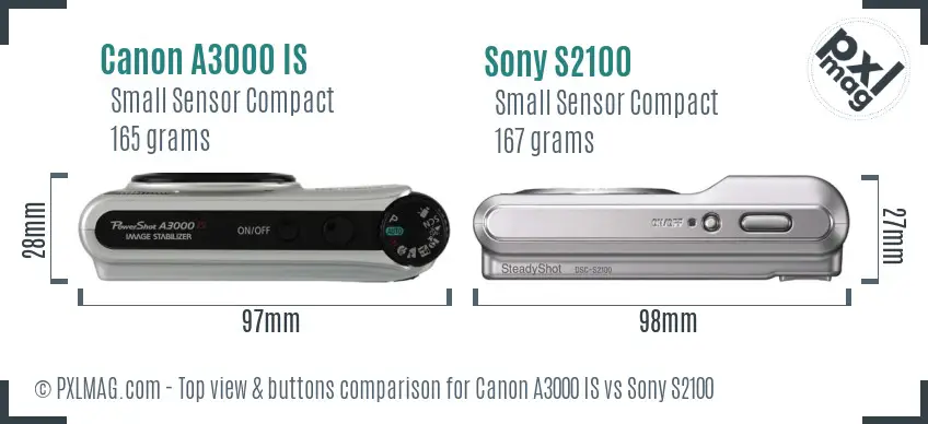 Canon A3000 IS vs Sony S2100 top view buttons comparison Canon A3000 IS vs Sony S2100 top view buttons comparison