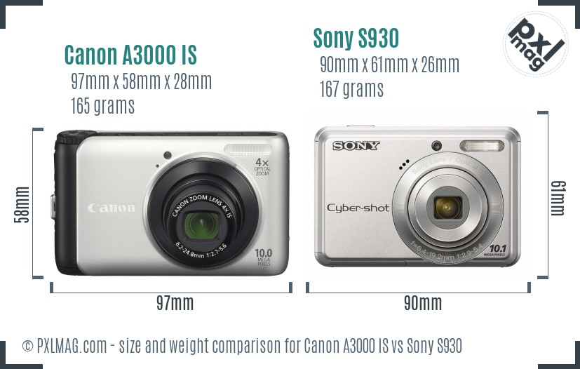 Canon A3000 IS vs Sony S930 size comparison