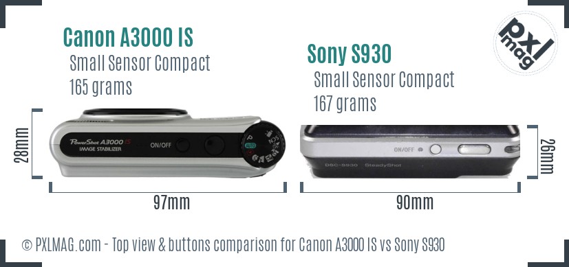 Canon A3000 IS vs Sony S930 top view buttons comparison
