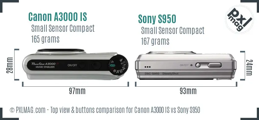 Canon A3000 IS vs Sony S950 top view buttons comparison