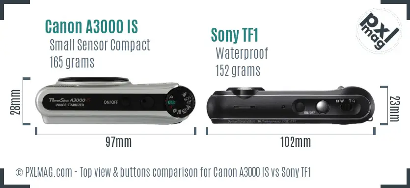 Canon A3000 IS vs Sony TF1 top view buttons comparison