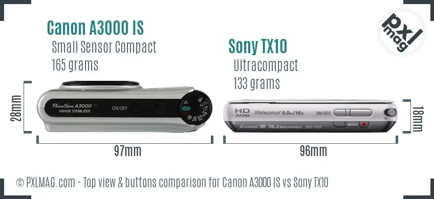 Canon A3000 IS vs Sony TX10 top view buttons comparison