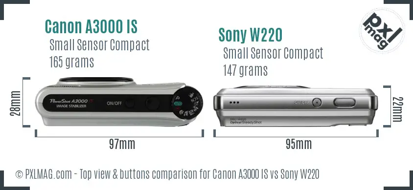 Canon A3000 IS vs Sony W220 top view buttons comparison Canon A3000 IS vs Sony W220 top view buttons comparison