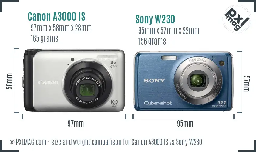Canon A3000 IS vs Sony W230 size comparison
