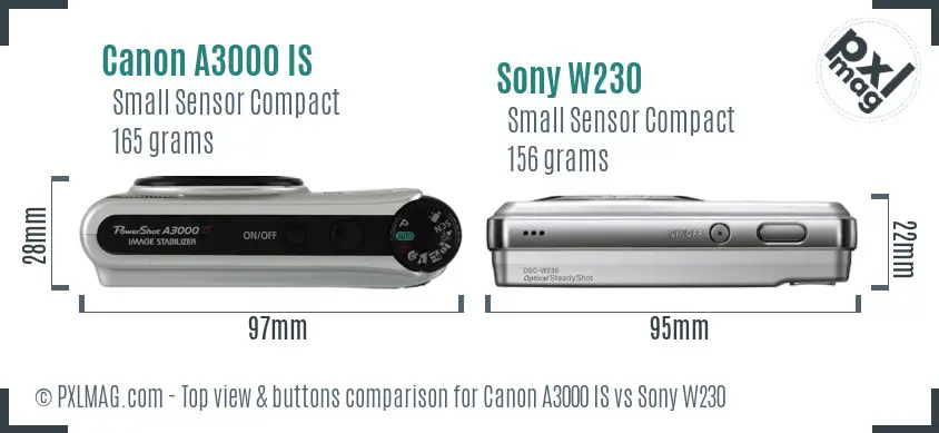 Canon A3000 IS vs Sony W230 top view buttons comparison