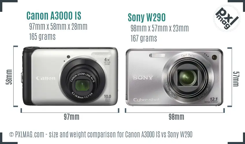 Canon A3000 IS vs Sony W290 size comparison