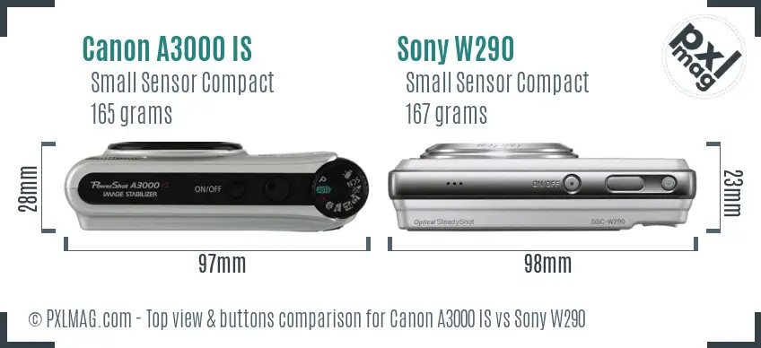 Canon A3000 IS vs Sony W290 top view buttons comparison