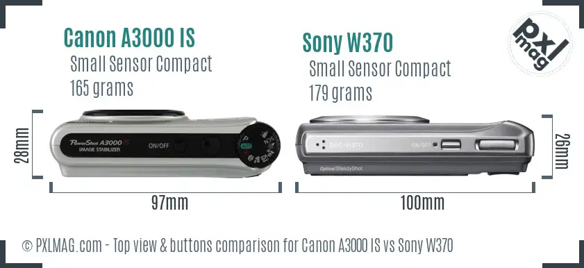 Canon A3000 IS vs Sony W370 top view buttons comparison