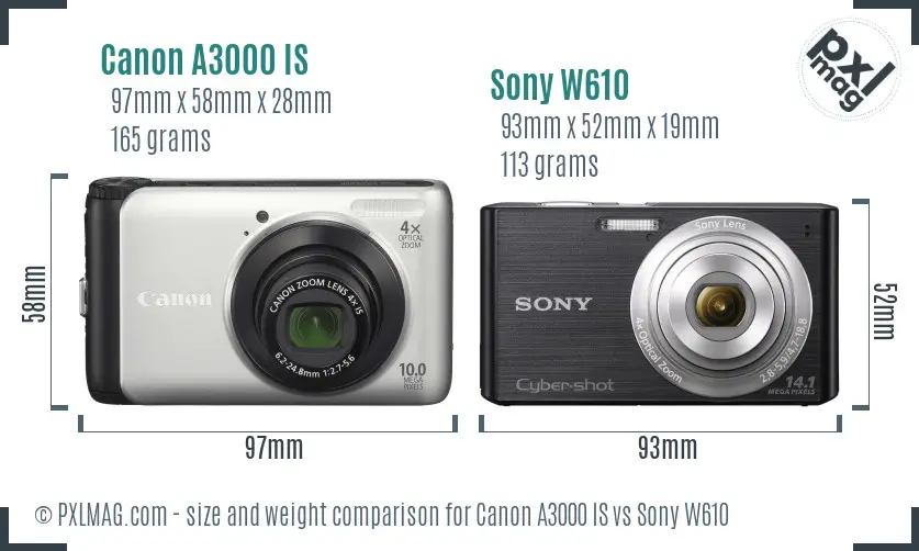 Canon A3000 IS vs Sony W610 size comparison