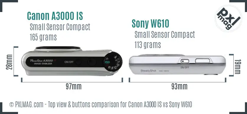 Canon A3000 IS vs Sony W610 top view buttons comparison