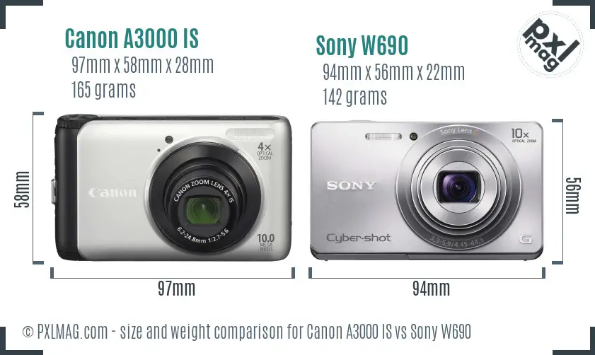 Canon A3000 IS vs Sony W690 size comparison