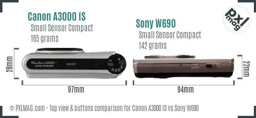 Canon A3000 IS vs Sony W690 top view buttons comparison