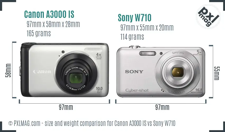 Canon A3000 IS vs Sony W710 size comparison