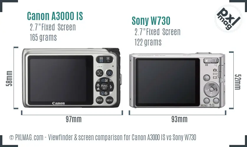 Canon A3000 IS vs Sony W730 Screen and Viewfinder comparison