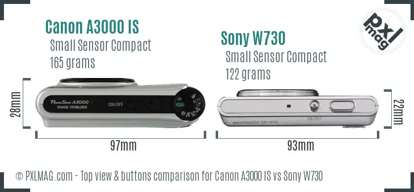 Canon A3000 IS vs Sony W730 top view buttons comparison