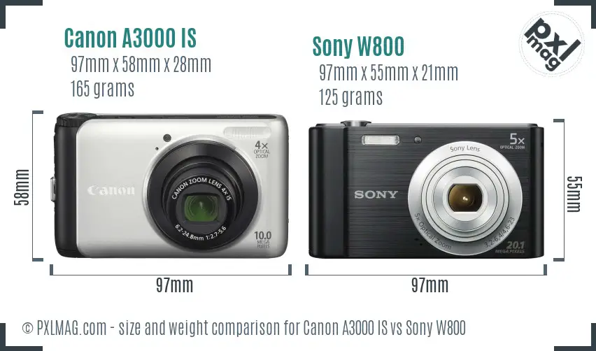 Canon A3000 IS vs Sony W800 size comparison