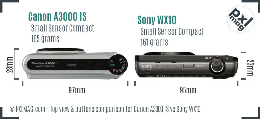 Canon A3000 IS vs Sony WX10 top view buttons comparison