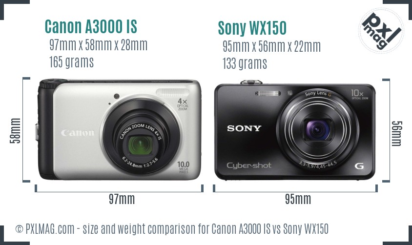 Canon A3000 IS vs Sony WX150 size comparison
