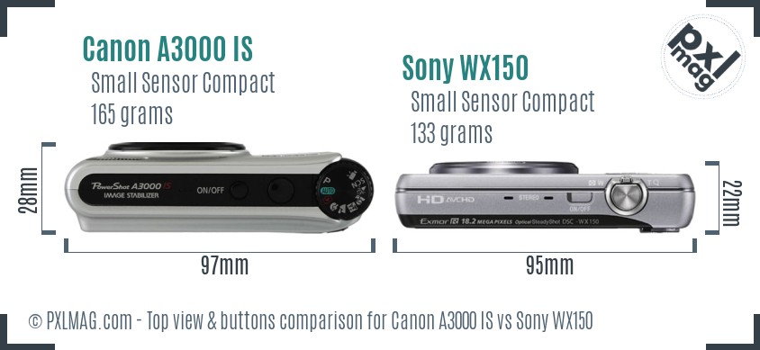 Canon A3000 IS vs Sony WX150 top view buttons comparison