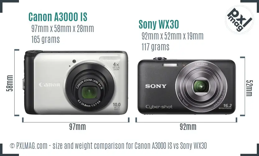 Canon A3000 IS vs Sony WX30 size comparison