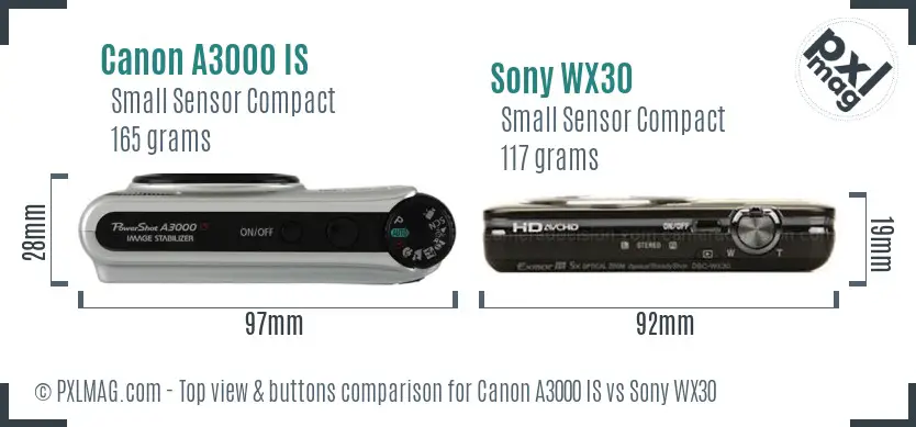 Canon A3000 IS vs Sony WX30 top view buttons comparison