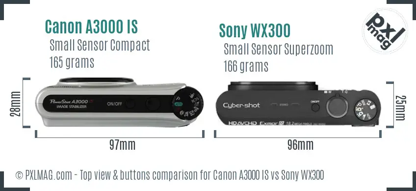 Canon A3000 IS vs Sony WX300 top view buttons comparison