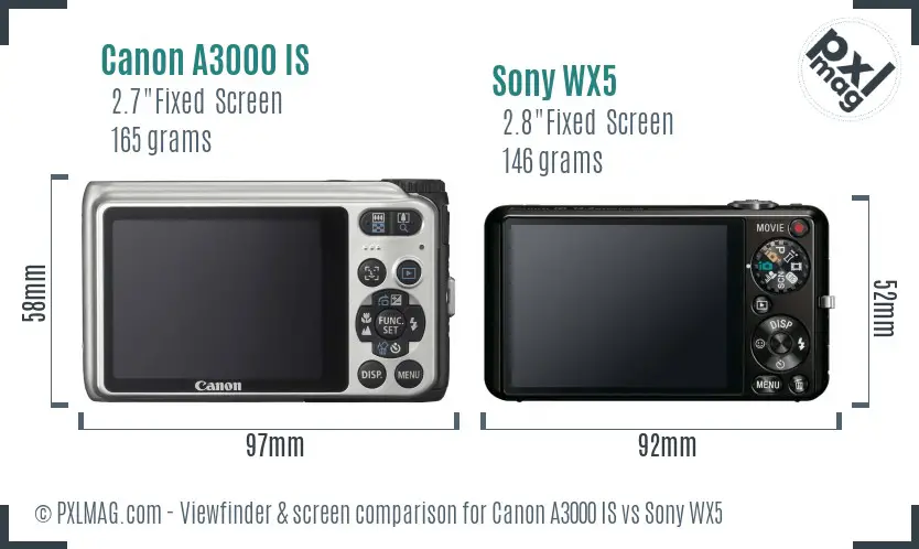 Canon A3000 IS vs Sony WX5 Screen and Viewfinder comparison