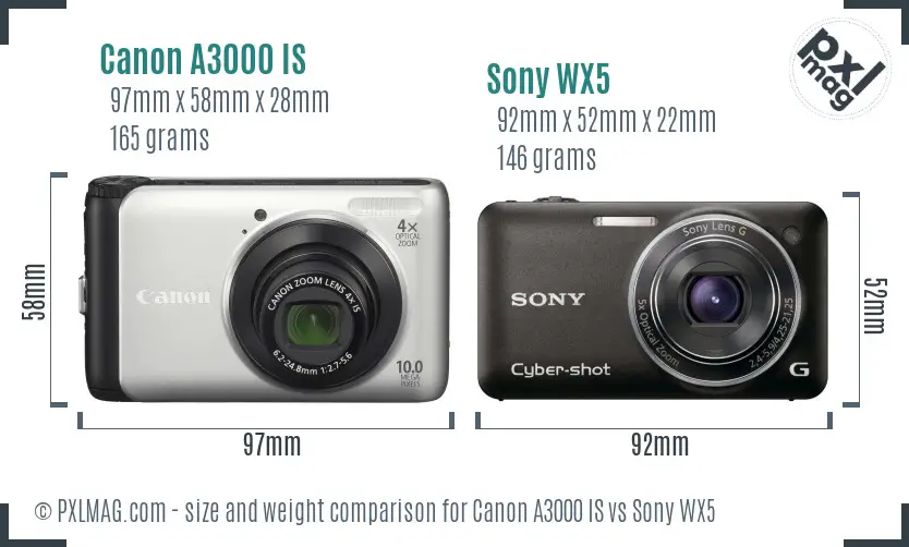 Canon A3000 IS vs Sony WX5 size comparison