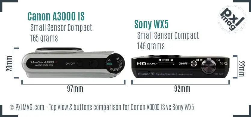 Canon A3000 IS vs Sony WX5 top view buttons comparison