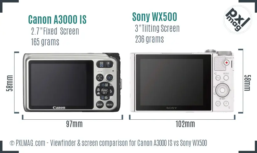 Canon A3000 IS vs Sony WX500 Screen and Viewfinder comparison Canon A3000 IS vs Sony WX500 Screen and Viewfinder comparison
