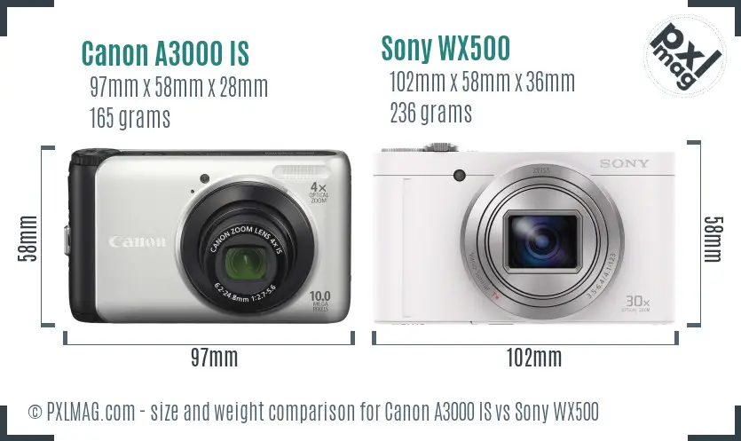 Canon A3000 IS vs Sony WX500 size comparison Canon A3000 IS vs Sony WX500 size comparison