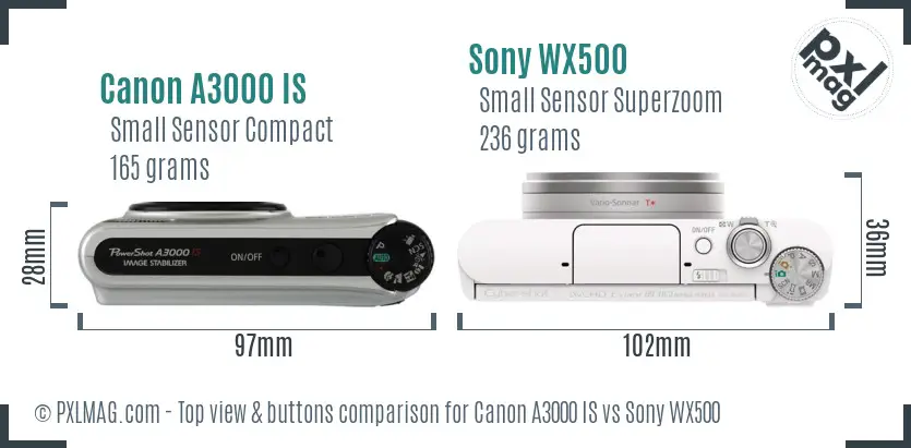 Canon A3000 IS vs Sony WX500 top view buttons comparison Canon A3000 IS vs Sony WX500 top view buttons comparison