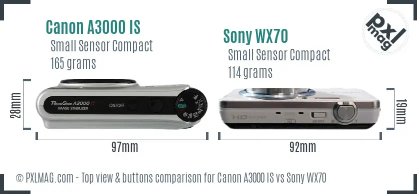 Canon A3000 IS vs Sony WX70 top view buttons comparison