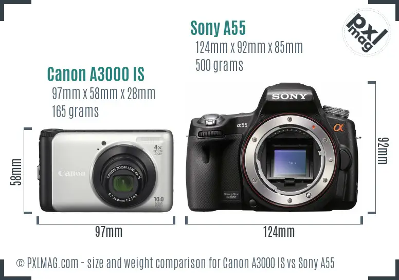 Canon A3000 IS vs Sony A55 size comparison