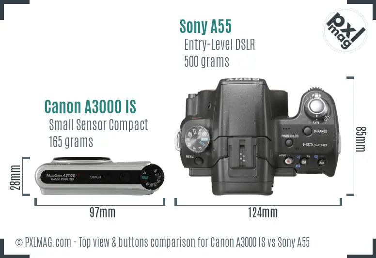 Canon A3000 IS vs Sony A55 top view buttons comparison