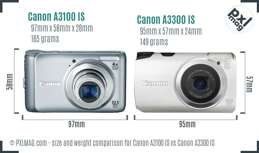 Canon A3100 IS vs Canon A3300 IS size comparison