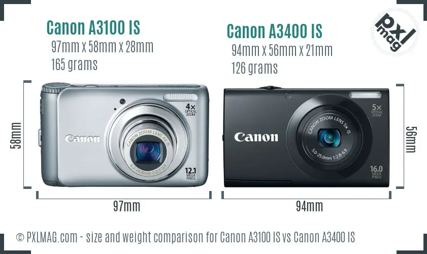 Canon A3100 IS vs Canon A3400 IS size comparison
