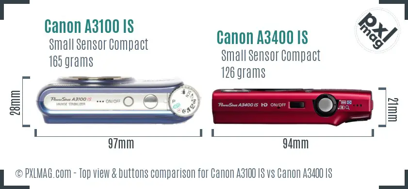 Canon A3100 IS vs Canon A3400 IS top view buttons comparison